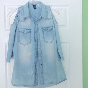 Vintage summertime fly denim short sleeve shirt with holes at shoulders